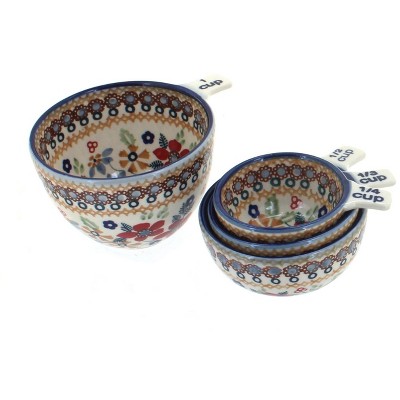 Blue Rose Polish Pottery Red Daisy Measuring Cup Set