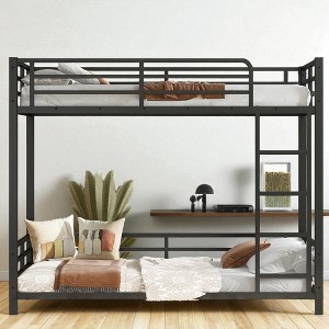 Metal Twin XL Over Twin XL Floor Bunk Bed Frame with Guardrails and Noise-Reducing Design for Kids and Teens,kids bed - 1 of 4