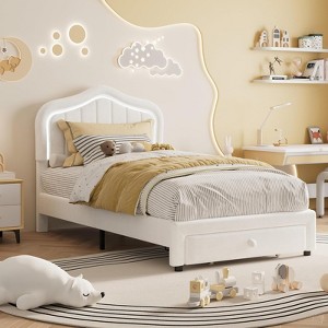 Upholstered Twin Bed Frame with LED Lights - Velvet Storage Bed with Headboard & Noise-Free Slats for Kids/Teens (No Box Spring Needed),White - 1 of 4