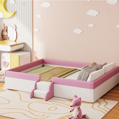1pc Upholstered Daybed Frame, PU Leather Kids Bed with Fence and Stairs, Low Platform Design for Bedroom or Playroom - Baofuwish