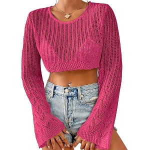 Coolmee Womens Fall Sweaters Tops Lightweight Casual Long Sleeve Crochet Hollow Out Knit Pullover Tops Clothing - 1 of 2