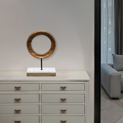 Royal Hampton Decorative Tabletop Sculpture | Brown Mango Wood Ring Design | Black Iron Stem and Marble Base