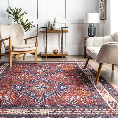 Stella Red and Blue Washable Synthetic Tribal Area Rug