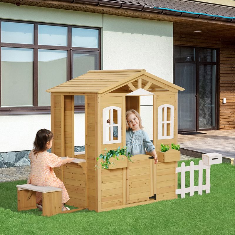Outsunny Outdoor Playhouse for kids Wooden Cottage with Working Doors Windows & Mailbox, Pretend Play House for Age 3-6 Years, 4 of 10