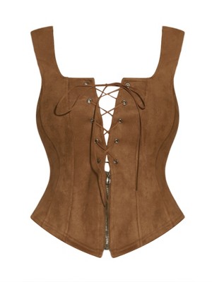 INSPIRE CHIC Women's Faux Suede Vintage Sleeveless Lace Up Zipper Decor Waistcoat Vests