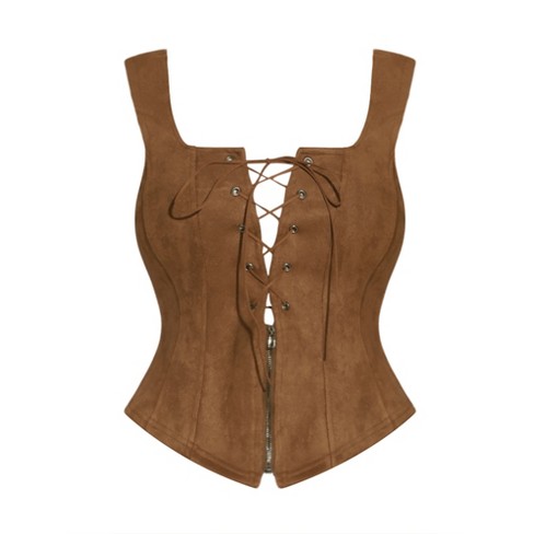 Allegra K Women's Faux Suede Vintage Sleeveless Lace Up Zipper Decor  Waistcoat Vests Brown X-large : Target