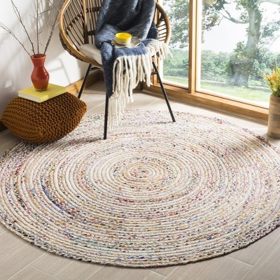Beige and Multicolor Round Hand-Knotted Wool and Cotton Rug