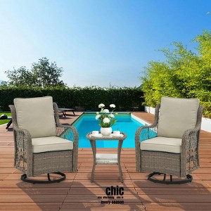 Jojoka 3pc Outdoor Wicker Rocking Bistro Set with 2 Swivel Chairs & Glass-Top Table, Rattan Patio Furniture with Cushions for Porch, Backyard - 1 of 4