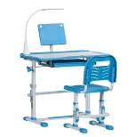 Qaba Kids Desk and Chair Set, Height Adjustable School Study Table and Chair, Student Writing Desk with Tilt Desktop, LED Lamp, Pen Box, Drawer, Reading Board, Cup Holder, and Pen Slots