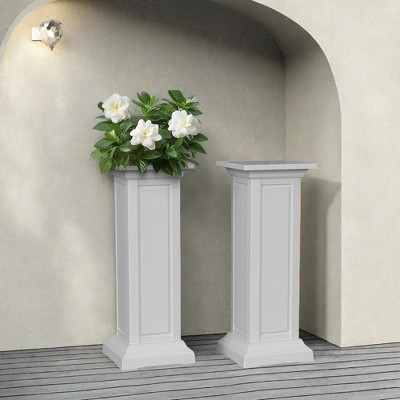 Maggift Planters Set of 2, Column Structure Tall Plant Stand, Column Structure Design Plant Pot with Drain Tray, White, 13.98"*13.98"36.02"