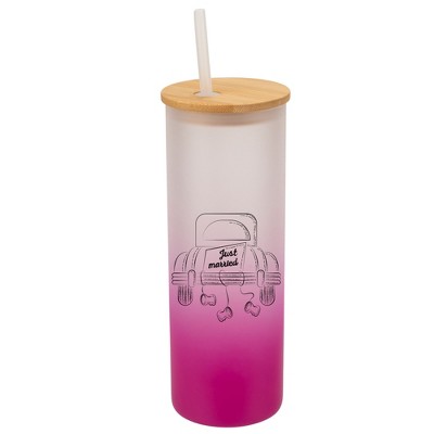 Elanze Designs Just Married Vintage Car Wrap-Around Design 25 Ounce Frosted Gradient Glass On-The-Go Coffee Travel Skinny Tumbler Mug Cup, Bamboo Lid