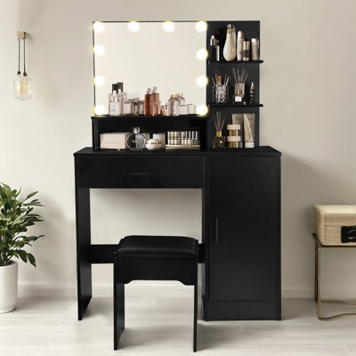 TIRAMISUBEST Vanity Desk with Mirror and Lights, Makeup Vanity with Drawer & Storage Cabinet, 3 Lighting Modes Adjustable Brightness, Dressi
