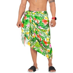 HAPPY BAY Men's Lava Lava Hawaiian Vacation Sarongs Summer Beach Cover Swimwear Holidays Pareo Beachwear Men One Size Allover Monstera Leafs Blue Dad