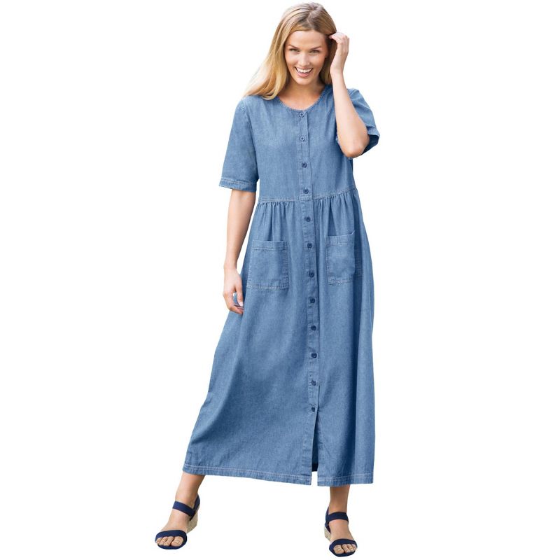Woman Within Women's Plus Size Petite Short-Sleeve Denim Dress, 1 of 3