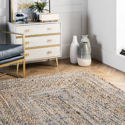 Handmade Blue and Beige Braided Cotton Rectangular Rug