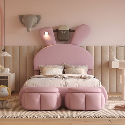 Whisen Twin Size Upholstered Platform Bed Featuring a Headboard with Cartoon Ear Design and Light,Storage Stools