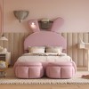Twin Size Upholstered Platform Bed with LED Light, 2 Storage Stools and Cartoon Ears Shaped Headboard, Beige/Pink, 4A -ModernLuxe - 2 of 4