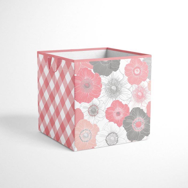 Bacati - Watercolor Floral Coral/Gray Fabric Storage Box/Tote Small, 1 of 6