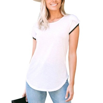 Amaryllis Women's Short-Sleeve Casual Crew Neck Trim Detail White Tee Soft Breathable Modal