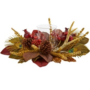 Nearly Natural Magnolia, Berry, Antler and Peacock Feather Artificial Candelabrum Arrangement - 1 of 1