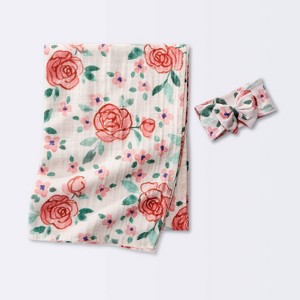 Hospital Muslin Swaddle Baby Blanket and Headband Gift Set - Floral Blooms - 2pk - Cloud Island™ - 1 of 4