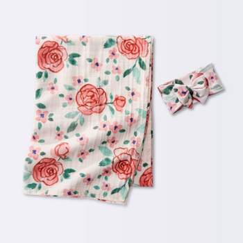 Hospital Muslin Swaddle Baby Blanket and Headband Gift Set - Floral Blooms - 2pk - Cloud Island™