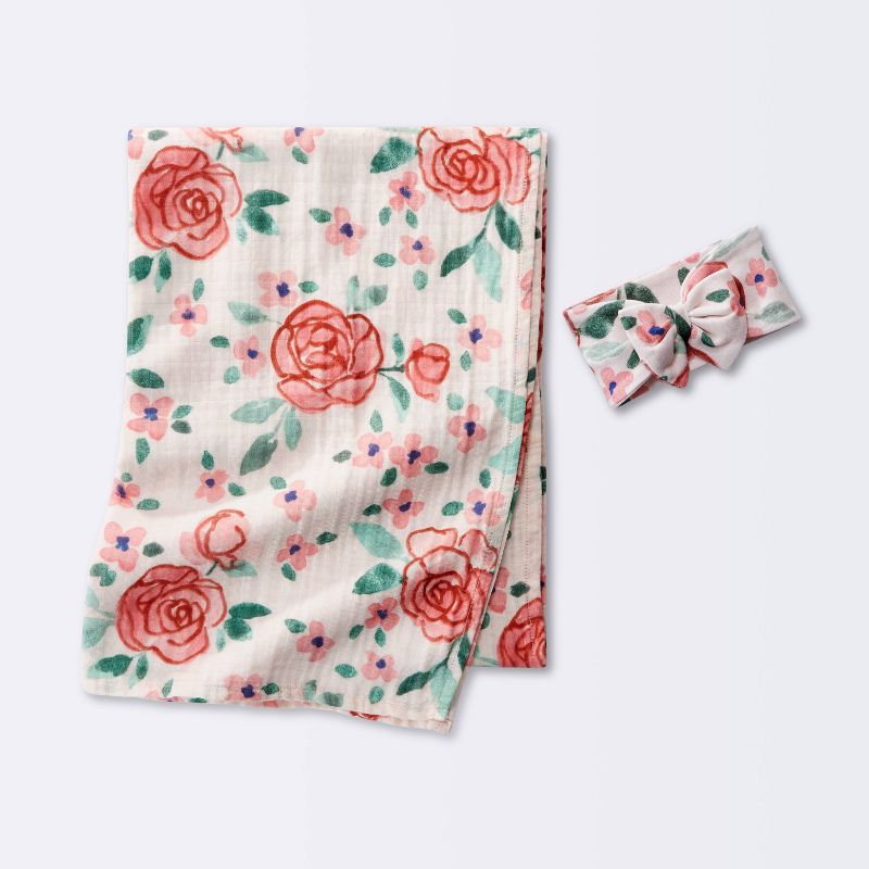 Hospital Muslin Swaddle Baby Blanket and Headband Gift Set - Floral Blooms - 2pk - Cloud Island&#8482;, 1 of 8
