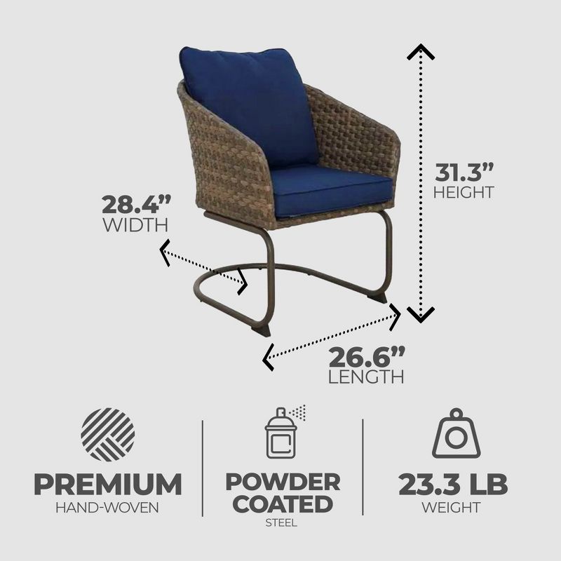 Four Seasons Courtyard Rockland Alloy Steel Frame Spring Recliner Motion Dining Chair Furniture Set with Navy Blue Olefin Cushions, Brown, Set of 2, 3 of 8