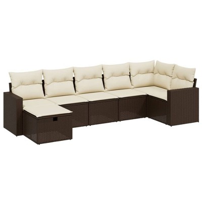 vidaXL 7 Piece Patio Sofa Set with Cushions Brown Poly Rattan - Brown and Cream without Storage 7 Items
