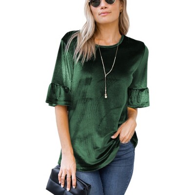 Amaryllis Women's Velvet Ruffle Sleeve Top Luxurious Soft Fabric Comfortable Relaxed Fit Stylish Versatile for Casual