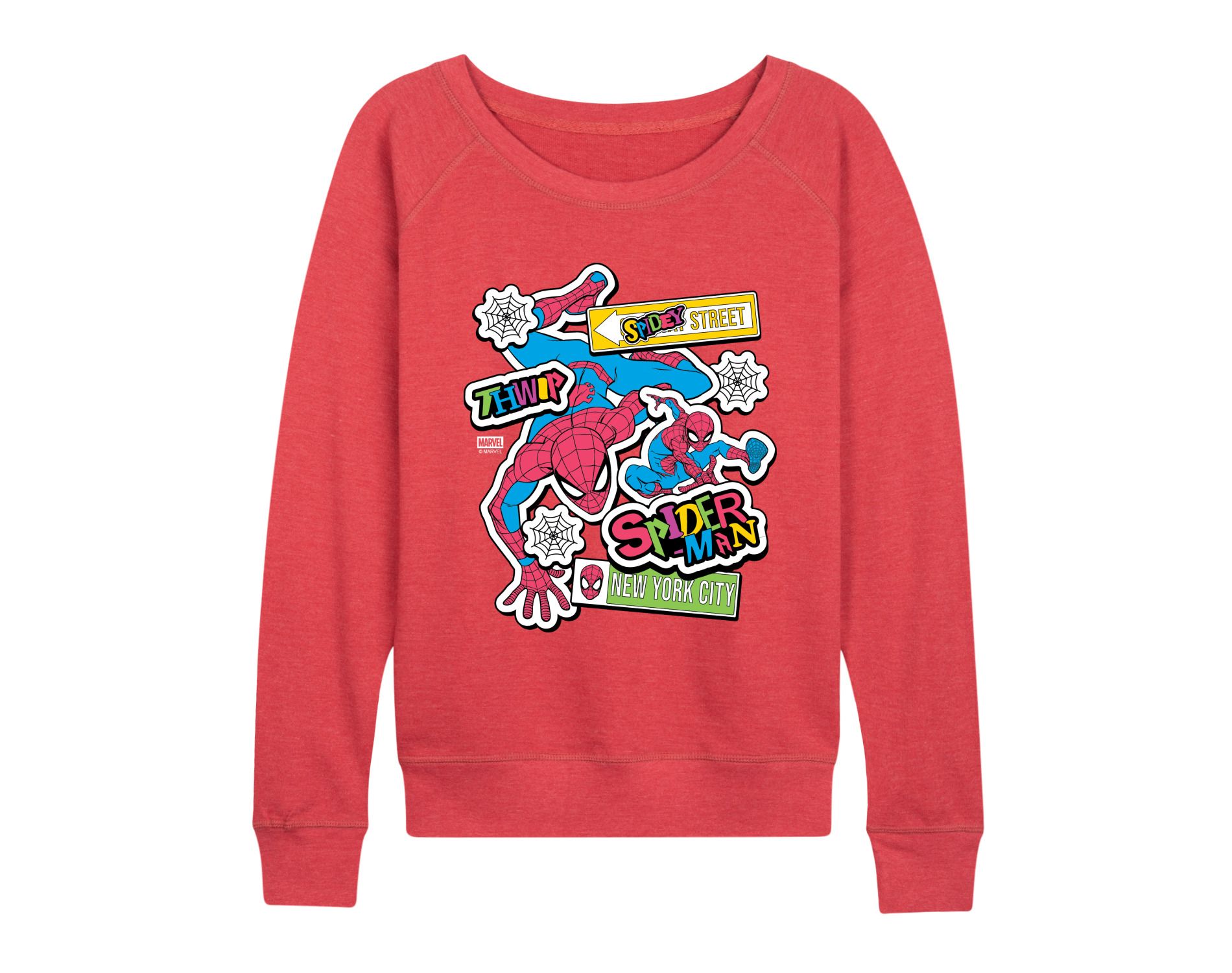 Women's Marvel Spidey Bright Stickers Lightweight French Terry Wide Neck Long Sleeve Graphic Shirt - Heather Red - 3X