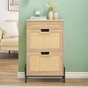 Natural Rattan Storage Cabinet with 2 Flip Drawers, Wooden Entry Way Shoe Cabinet with Storage with Adjustable Shelf and Metal Legs - 3 of 4