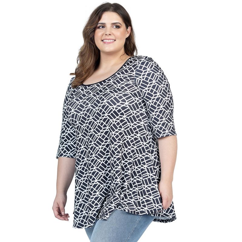 24seven Comfort Apparel Womens Plus Size Black Geometric Print Elbow Sleeve Casual Tunic Top, 2 of 7