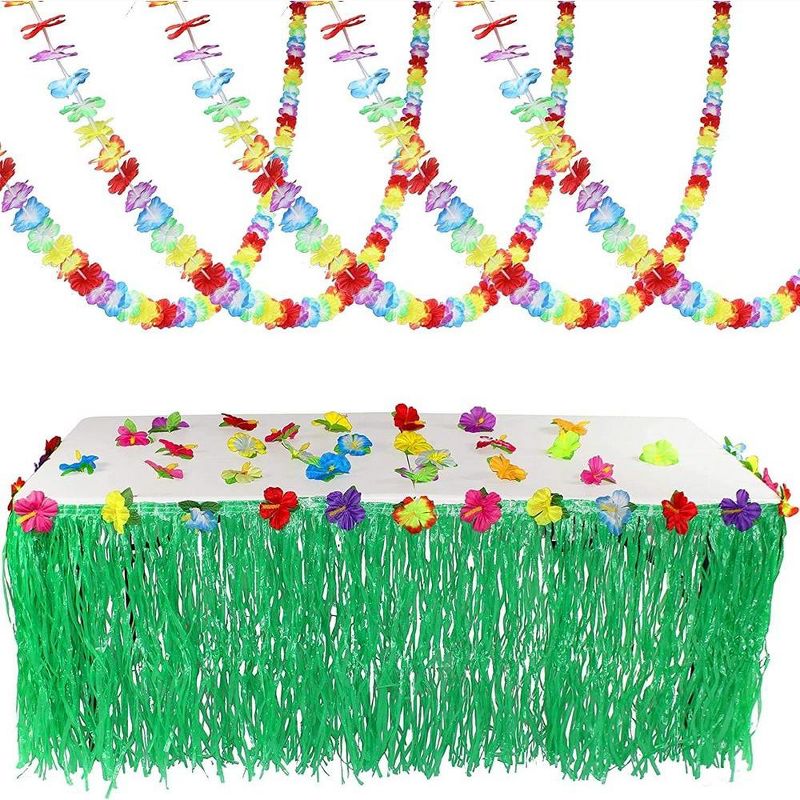 Syncfun Luau Tropical Hawaiian Party Decoration Set Including 100 ft Flower Lei Garland, 36 Hibiscus Flowers and 9 ft Luau Table Skirt, 1 of 5