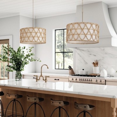 Matte Brass and Rattan 4-Light Drum Pendant