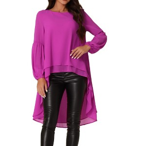 Seta T Women's Lantern Long Sleeve Round Neck High Low Irregular Hem Casual Blouse - 1 of 4