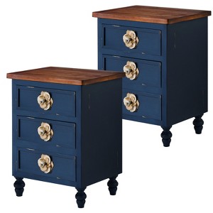 Wooakway Farmhouse Wood Nightstand with Drawers Vintage End Table with Floral Knobs Rustic Side Table with Gourd Legs Sofa Table - 1 of 4