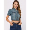 Allegra K Women's Casual Point Collar Button Down Puff Sleeve Crop Denim Jackets - 3 of 4