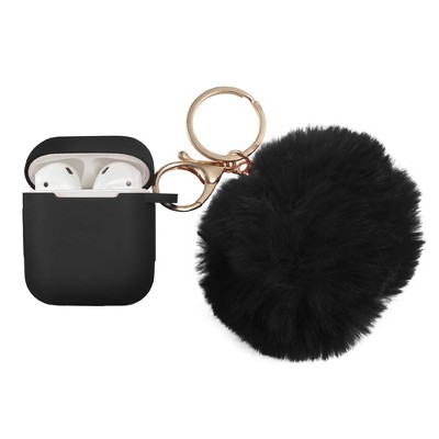 Insten Cute Case Compatible with AirPods 1 & 2 - Fluffy Pom Pom Protective Silicone Cover with Keychain, Black