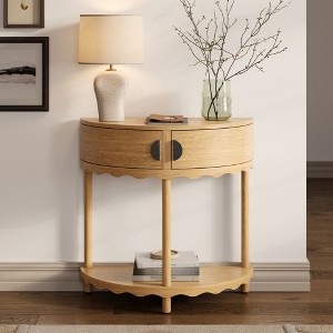 Stead Scalloped Skirt Half Moon Table for Entryway, Curved Console Table with Storage, Solid Wood with Two Doors (Natural Oak) - 1 of 4