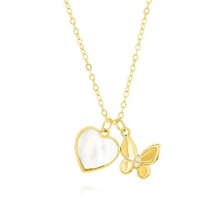 Bella Silver Sterling Silver MOP Heart w/ CZ Butterfly Necklace - Gold Plated - Gold - 14+3 Inch - 1 of 2
