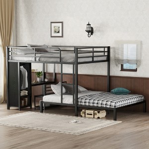 TIRAMISUBEST Queen over Queen Size Bunk Bed with Built-in Wardrobe, L-Shaped Metal Bunk Bedframe with Bulit-in Desk and Storage Chairs - 1 of 4