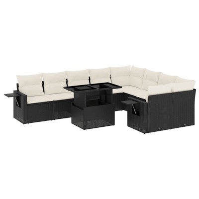 vidaXL 10 Piece Patio Sofa Set with Cushions Black and Cream Poly Rattan