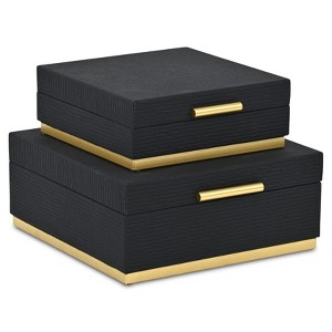HomeRoots Set of Two Black And Gold Striped Square Nesting Storage Boxes With Lids - 1 of 4