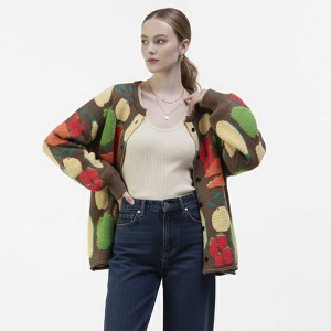 Women's Veggie Garden Jacquard Knit Cardigan -Casual Button Front Sweater Long Sleeves - 1 of 4