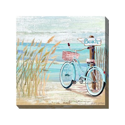 Cottage Garden West of The Wind Lakeshore Blue, Tan, Red 24 x 24 Inch Waterproof Gallery Wrapped Canvas, Outdoor Garden, Yard, Patio All Weather