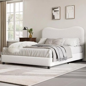 Boucle Upholstered Bed Frame Twin/Full/Queen - Soft Low Profile Platform w/Headboard, Wood Slats, Noise-Free, No Box Spring Needed, Rounded Corners - 1 of 4