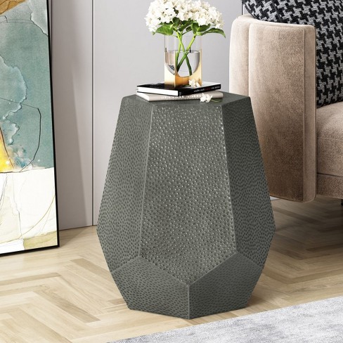 Pedestal Side Table Small Living Room Metal Side Tables,Bed Side Table Hammered Hexagon Accent Table,Silver Drum Side Table-Cuddlewood - image 1 of 4