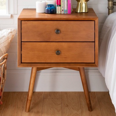 Caramel Pine 2-Drawer Nightstand with Tapered Legs and Antique Metal Handles