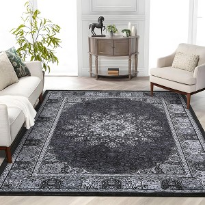 Boho Area Rug, Vintage Area Rug 9x12 Ft Washable Neutral Printed Carpet, Stain-Resistant Non-Slip Low Pile Rug (Black) - 1 of 4